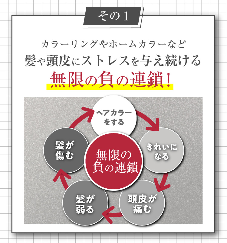 その1 カラーリングやホームカラーなど髪や頭皮にストレスを与え続ける無限の負の連鎖！ヘアカラーをする きれいになる 頭皮が痛む 髪が弱る 髪が傷む