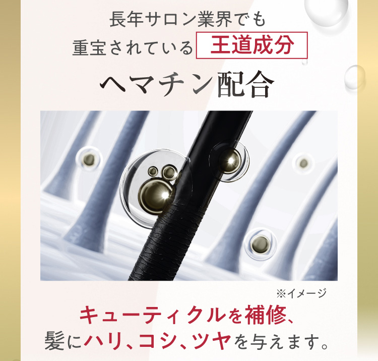 長年サロン業界でも重宝されている王道成分ヘマチン配合キューティクルを補修、髪にハリ、コシ、ツヤを与えます。