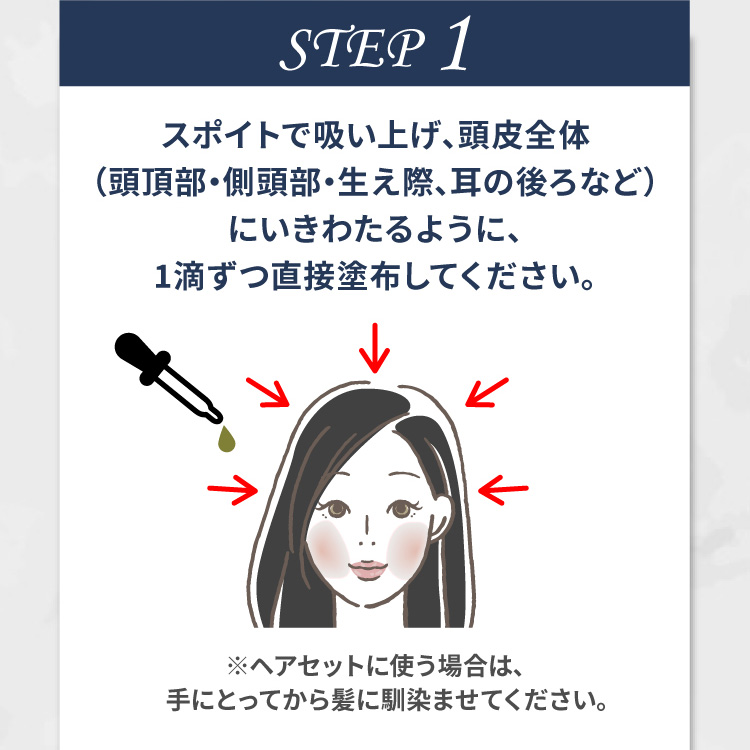 STEP1 スポイトで吸い上げ、頭皮全体（頭頂部・側頭部・生え際、耳の後ろなど）にいきわたるように、1滴ずつ直接塗布してください。※ヘアセットに使う場合は、手にとってから髪に馴染ませてください。